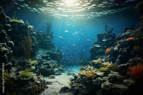 A vibrant underwater scene showcasing a coral reef and marine life. © GreenMOM