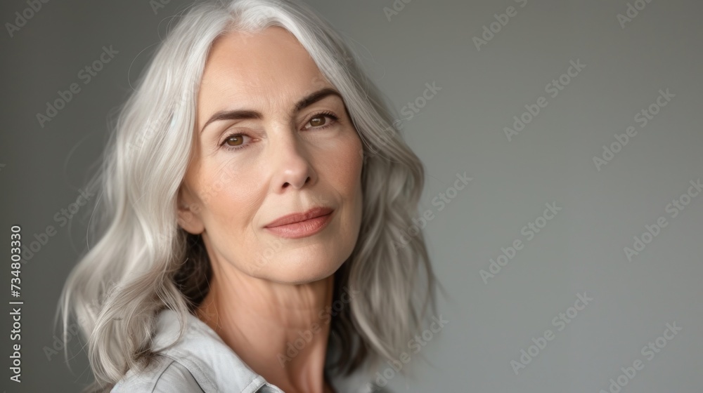 portrait of beautiful mature woman with white hair on gray background, copy space