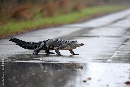 alligator crawling across a wet road in a swampy area