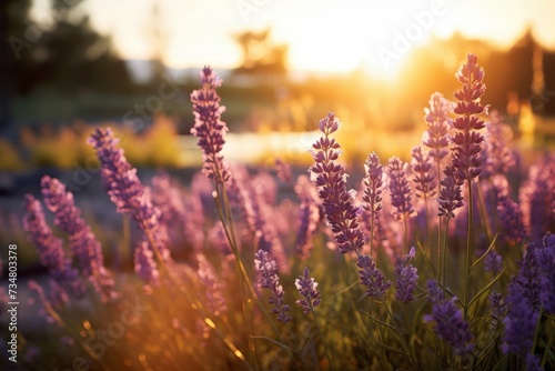 Lavender flowers against a sunset in a peaceful field