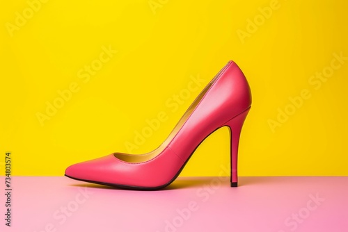 A single pink high heel shoe against a vibrant yellow backdrop for fashion themes.