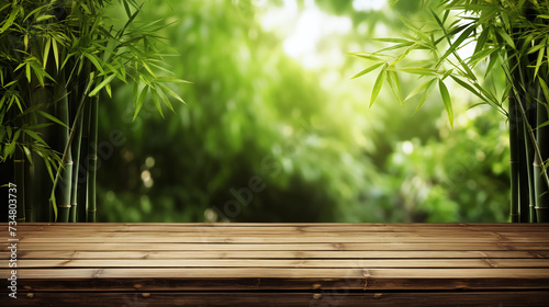 Wooden table and Japanese bamboo section background. Ai generate.
