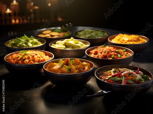 Assorted Indian food in wooden bowls including tikka masala, dahi vada, aloo bhujiya, gathiya, khachapuri, dahi vada, khaman dhokla, khachapuri etc, Delicious food for a Ramadan, AI Generated