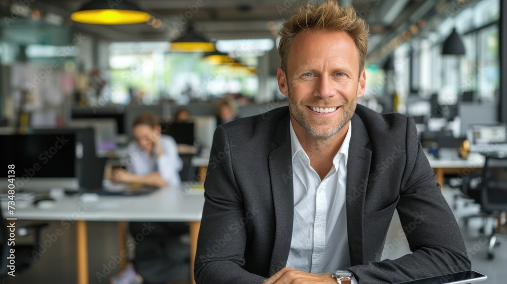 portrait of smiling man, successful leader sits at desk in office portrait of smiling man, successful leader sits at desk in office