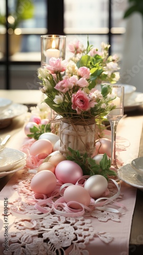 A dining table adorned with a spring inspired table runner. © tynza