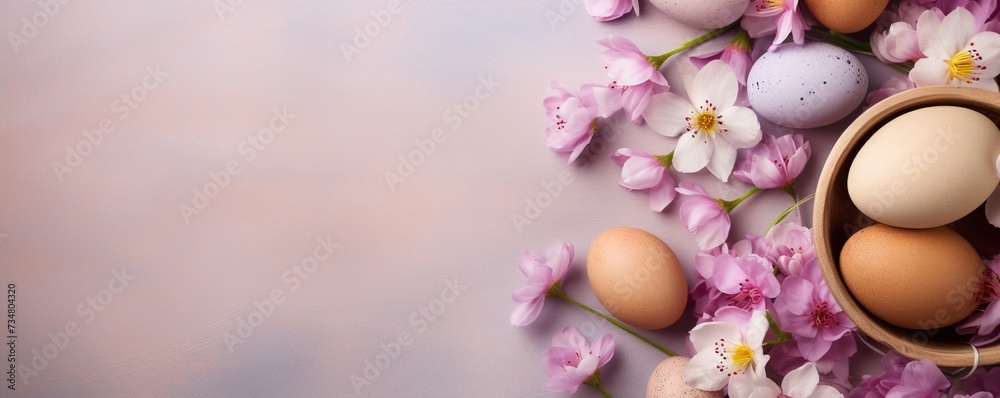 Easter background with Easter eggs and spring flowers. Top view with copy space Easter background with Easter eggs and spring flowers. Top view with copy space