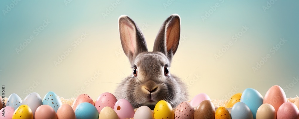 Easter Bunny peeking out of a hole with chocolate easter eggs on pastel wall banner Easter Bunny peeking out of a hole with chocolate easter eggs on pastel wall banner