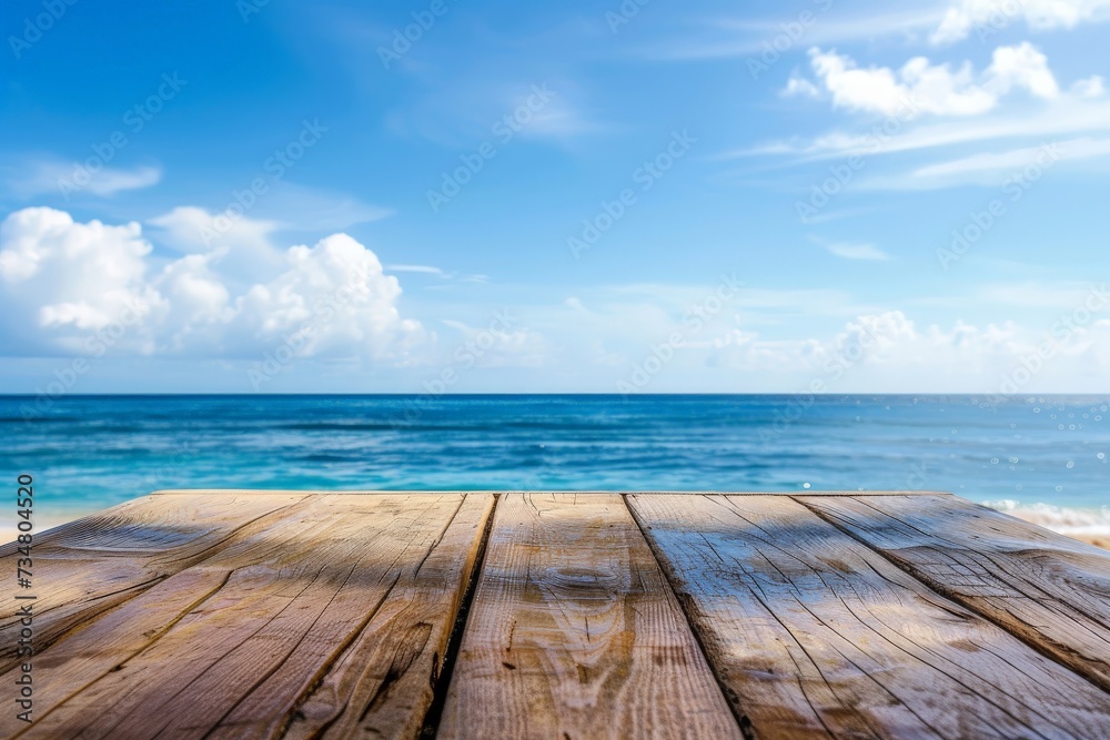 Background, Empty rustic wooden table and summer sea background with copy space for your product Background, Empty rustic wooden table and summer sea background with copy space for your product