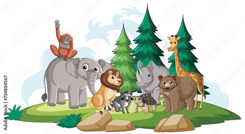 Group of diverse animals standing together outdoors Group of diverse animals standing together outdoors