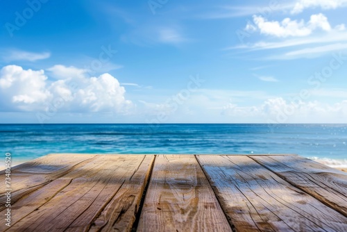 Background  Empty rustic wooden table and summer sea background with copy space for your product