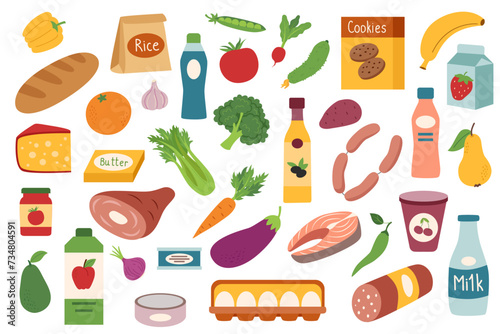Big set of food in flat style isolated on white background. Food and shopping concept. Grocery food.
