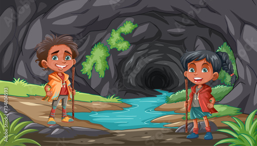 Two children ready for an adventure near a cave