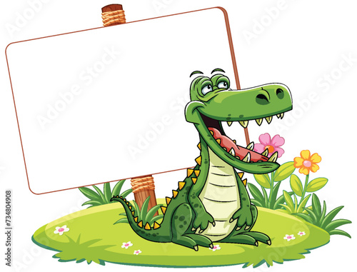 Happy crocodile presenting an empty sign in nature
