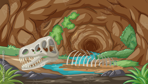 Vector illustration of dinosaur skeleton in a cave