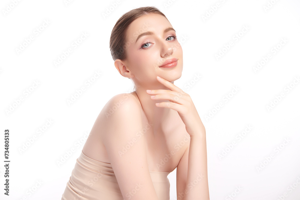 Naklejka premium Beautiful young woman with clean fresh skin on white background, Face care, Facial treatment, Cosmetology, beauty and spa, women portrait.