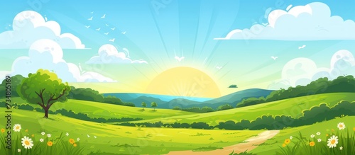 Illustration green fields  green hills  dawn landscape in bright blue sky  background. AI generated