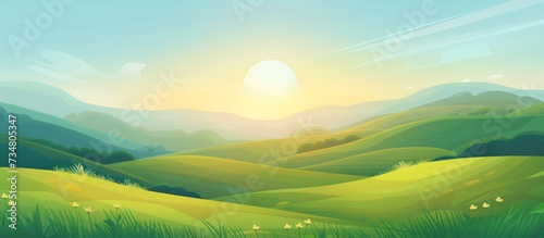 Illustration green fields, green hills, dawn landscape in bright blue sky, background. AI generated