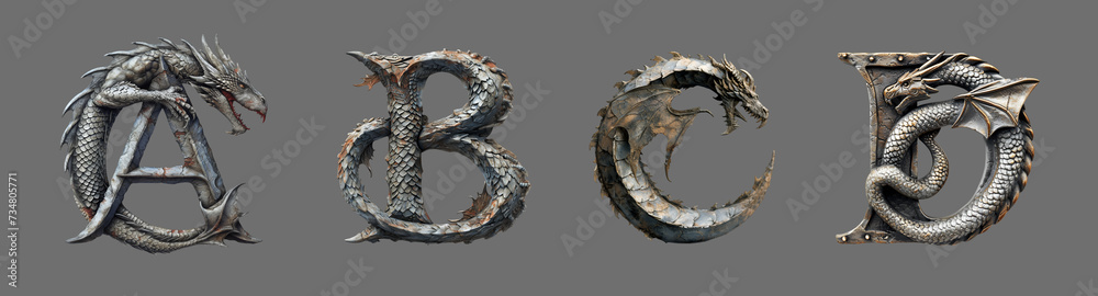Letters A, B, C, D in dragon style. Unusual fantasy font on the gray background. Letters A, B, C, D in dragon style. Unusual fantasy font on the gray background.
