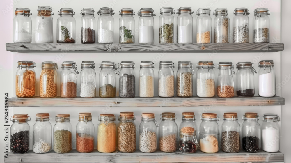  shelves filled with glass jars filled with spices and spices  in kitchen home design