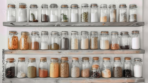  shelves filled with glass jars filled with spices and spices  in kitchen home design © Planetz