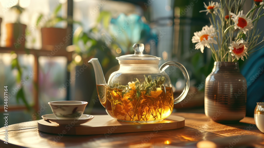 Steaming glass teapot with blooming tea and a cup on a sunlit wooden table. Steaming glass teapot with blooming tea and a cup on a sunlit wooden table.