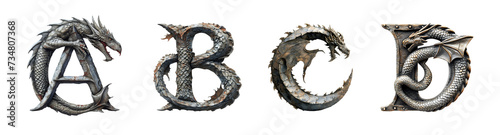 Letters A, B, C, D in dragon style. Unusual fantasy font on the transparent background.