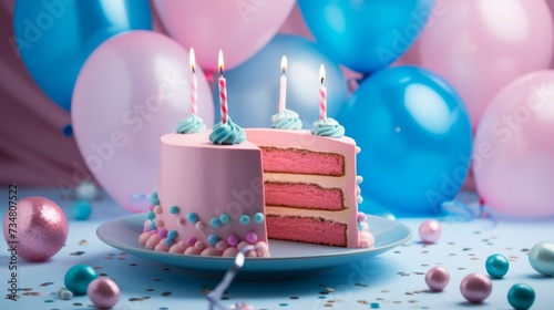 Slice of cake with pink icing  balls and balloons