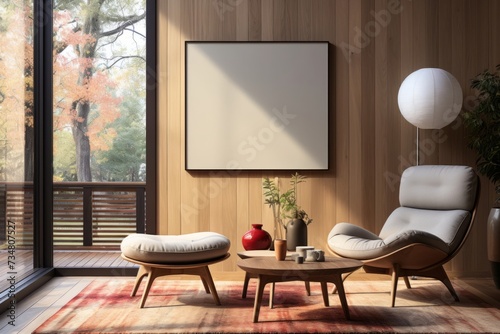 A mockup situated on a wood wall, set within a living room ambiance, providing an inviting setting for showcasing designs or photographs with a natural and organic feel.