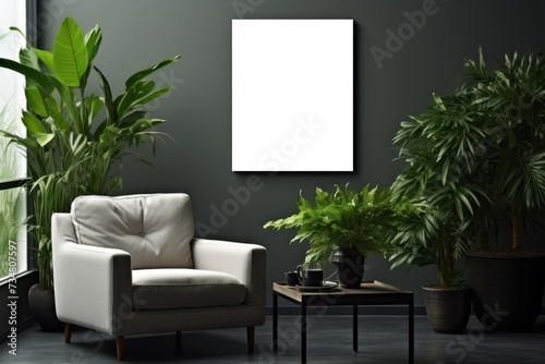A mockup displayed on a green wall near a window, surrounded by lush green plants arranged around an armchair, creating a tranquil and natural ambiance perfect for showcasing artwork.