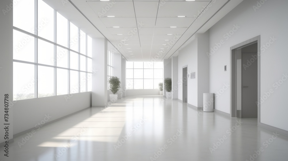 White blur office building, healthcare clinic, hospital or school background interior view looking out toward to empty lobby