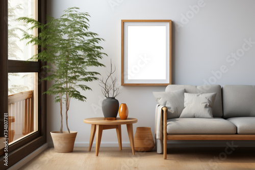 A mockup positioned by the window in a sunlit living room, harnessing the natural light to enhance the presentation, creating a bright and inviting atmosphere.