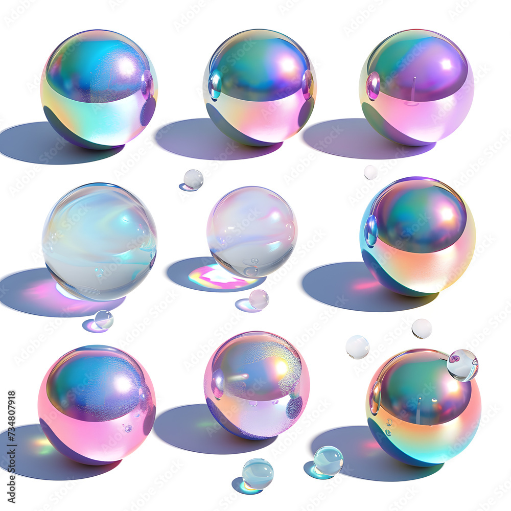 3d render Collection of levitating iridescent orbs abstract shape, isolated on white background 3d render Collection of levitating iridescent orbs abstract shape, isolated on white background