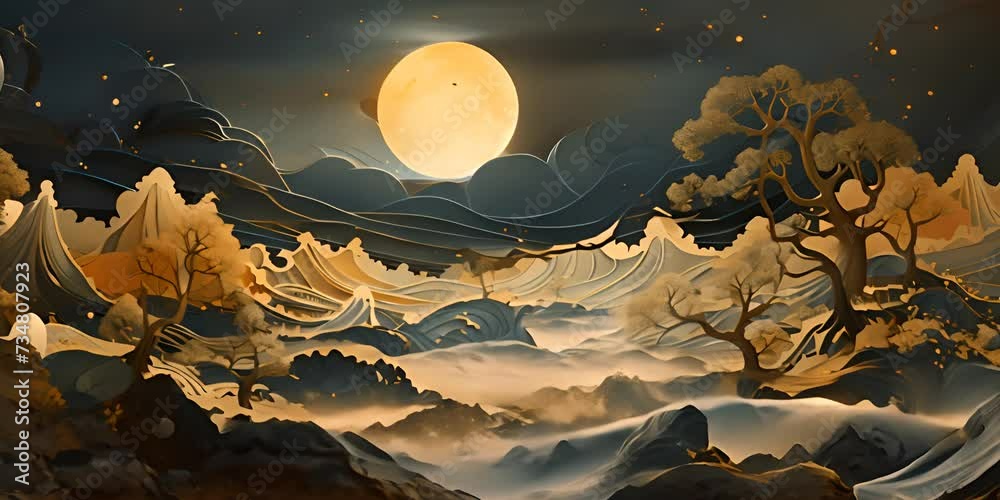 Art mural wallpaper with dark blue and golden wave background. golden christmas tree and mountains, golden moon 4K Video