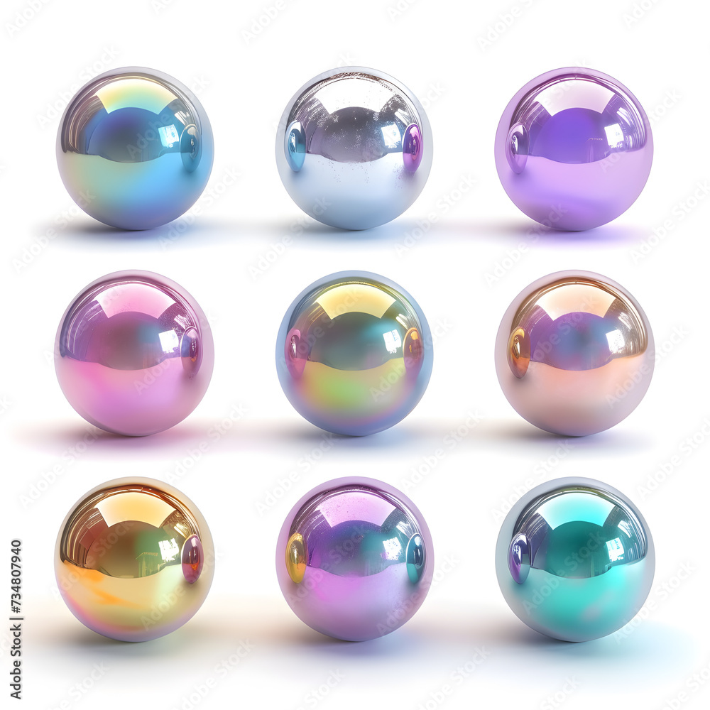3d render Collection of levitating iridescent orbs abstract shape, isolated on white background 3d render Collection of levitating iridescent orbs abstract shape, isolated on white background