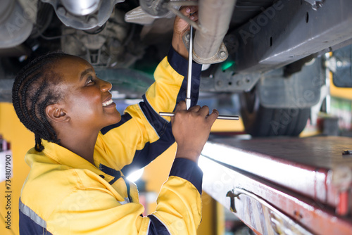 A woman in uniform working underneath a car that is lifted on a hydraulic lift rack, in an automotive repair shop. The mechanic holding wrench tool securing or loosening a component under the vehicle. photo