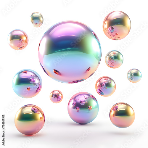3d render Collection of levitating iridescent orbs abstract shape, isolated on white background