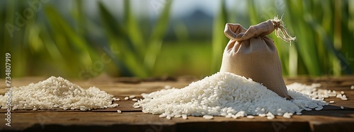 Asian unpolished white rice in a bag on the background of a rice field
