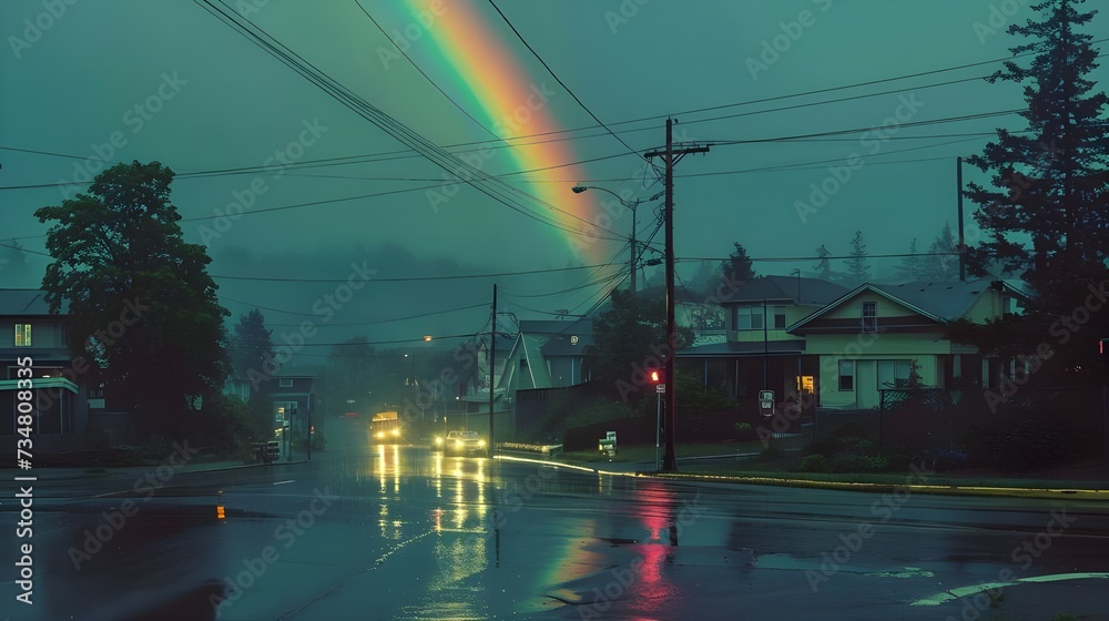 Rainy and Rainbows in Small Town" by Simon Stalen
 - obrazy, fototapety, plakaty 