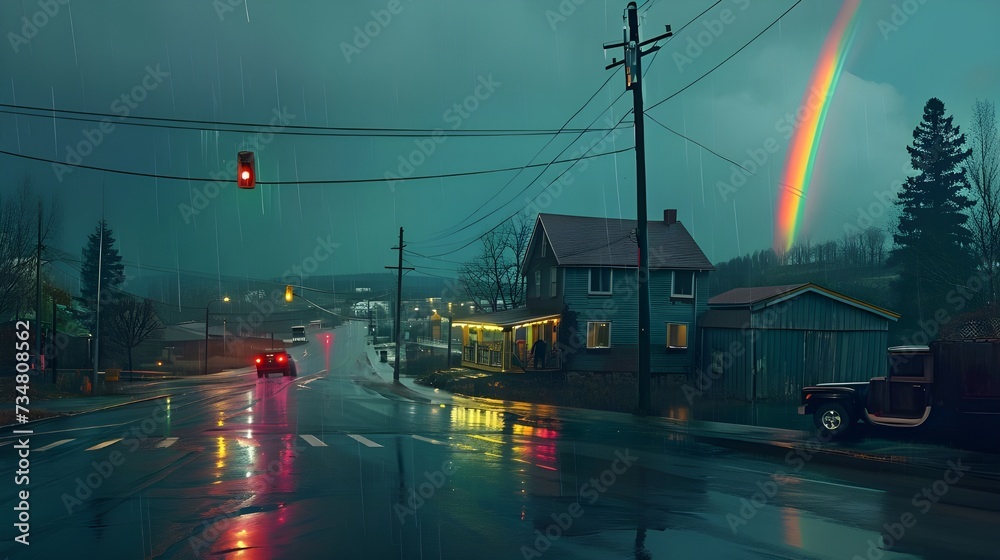 "Rainy and Rainbows in Small Town" by Simon Stalen
 - obrazy, fototapety, plakaty 
