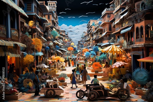 A paper art interpretation of a bustling street market, with finely cut stalls, vendors, and diverse characters creating a lively and vibrant atmosphere.