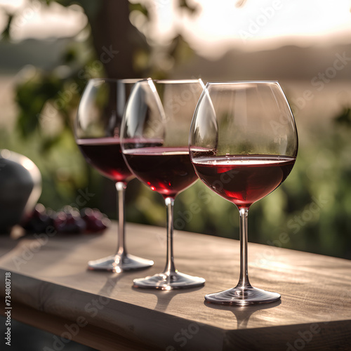 Three glasses of red wine on the table outdoors on blurred vineyard background