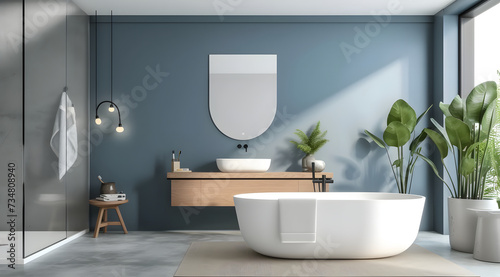 Modern minimalist bathroom interior  modern bathroom cabinet  white sink  wooden vanity  interior plants  bathroom accessories  bathtub and shower  white and blue walls  concrete floor.
