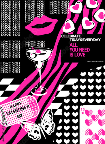 Modern neon design templates of Valentines day. Fake news trendy vintage love collage conception. Romantic elements, love envelope, hearts, love, gifts. Retro futuristic vector minimalistic posters