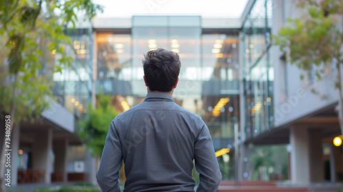 Rear view of a man in casual business attire looking at a modern office building with a garden courtyard.