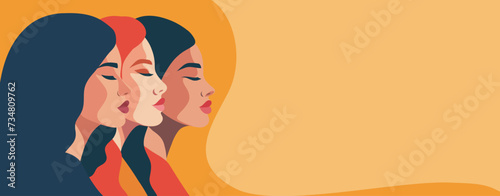 Vector bright horizontal banner for International Women's Day, women of different cultures and nationalities. Concept of the movement for gender equality and women's empowerment