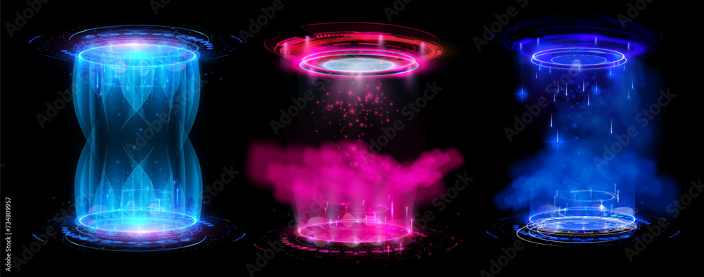 Futuristic Energy Vortexes with Vibrant Glowing Effects - Sci-Fi Concept. Magic game ui portal with round platform, neon glowing blue and pink gradient rays and vortex. Vector illustration