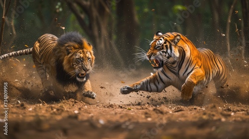 Lion and tiger engaged in a fierce battle in the jungle - AI Generated Digital Art © Paul