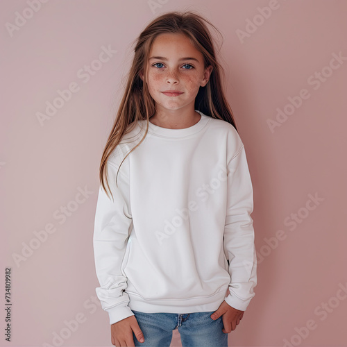 Kid Girl wearing a white sweatshirt Mockup on light pink background cute