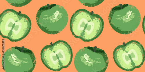 Abstract stylized shapes apples and apple slices seamless pattern. Vector hand drawing sketch. Green creative apples textured patterned on a orange background. Template for design, printing
