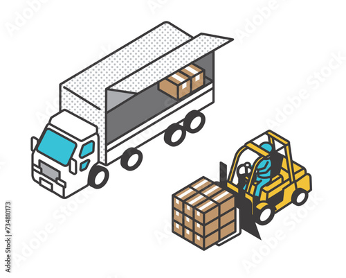 フォークリフトで荷物を運ぶ作業員のアイソメベクターイラスト素材